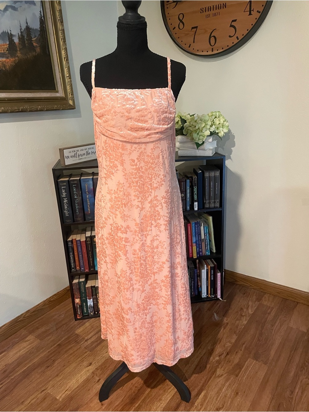 Peach Velvet Floral Midi Dress